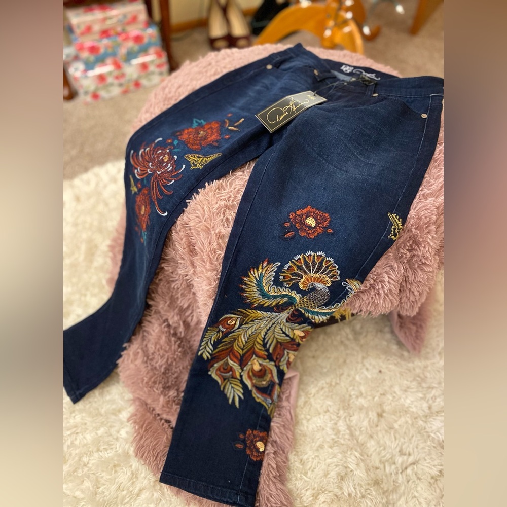 DG2 Diane Gilman Peacock embroidered bling jeans